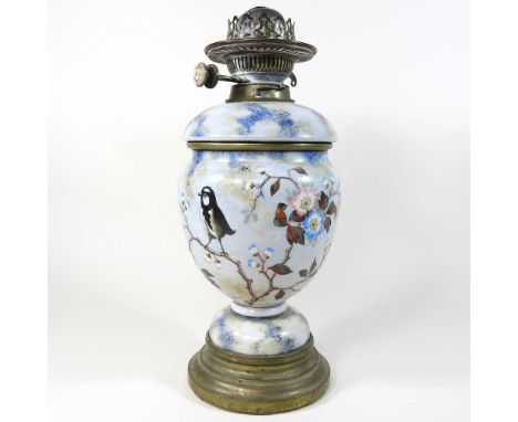 A 19th century opaline glass oil lamp, painted with birds and flowers, 39cm highCondition report: Overall dirty, but looks to