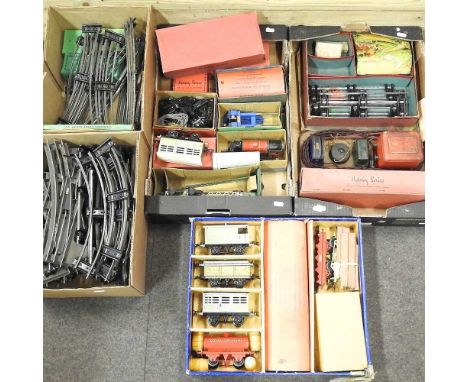 A collection of mid 20th century Hornby O gauge tinplate model railway, to include Meccano locomotives, a Mixed Goods clockwo