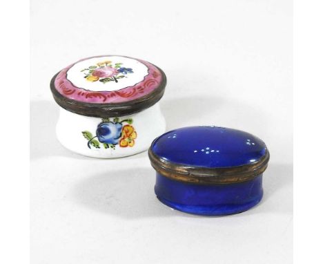 An 18th century South Staffordshire Bilson style blue enamel patch box, 4cm wide, together with another (2)Condition report: 