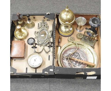 A collection of metalwares, to include an early 20th century aneroid barometer, 13cm diameter, two table bells, a trench art 