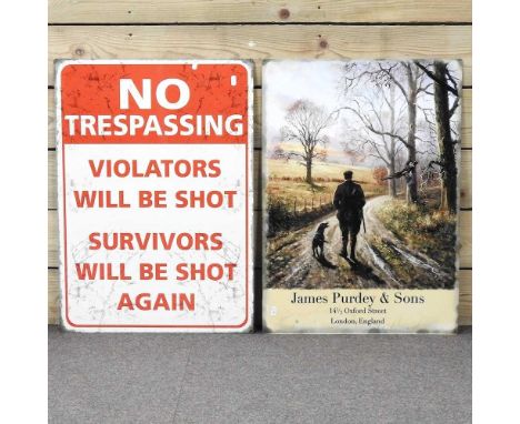 A modern enamel shooting sign, together with another, each 50 x 70cm