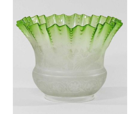 A green and clear glass oil lamp shade, 16cm highCondition report: Some light surface marks. Small chips around the aperture 