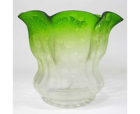 A green glass oil lamp shade, 18cm highCondition report: Some very light marks on the surfaces and very fine chips to the rim