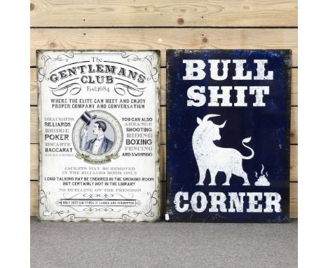 A modern enamel Gentleman's Club sign, together with another, each 70 x 50cm