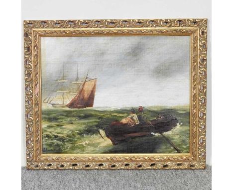 Claude Hulk, 19th century, a seascape with fishermen in a dinghy, signed, oil on canvas laid on board, 29 x 35cm