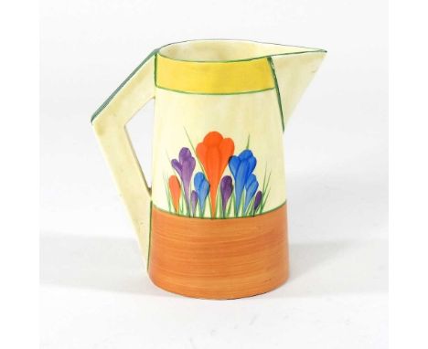 A Clarice Cliff Crocus pattern conical jug, printed marks to base, 14cm highCondition report: Hairline crack to spout and lig