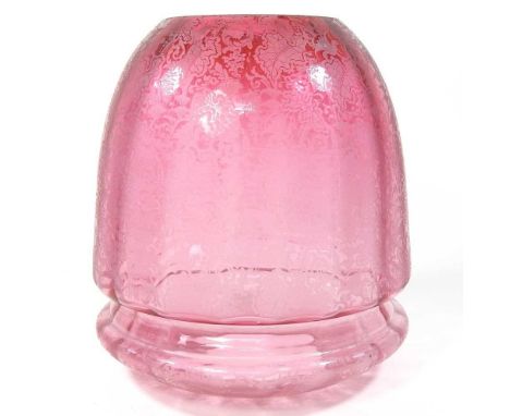 A ruby glass lamp shade, with etched decoration, 24cm high