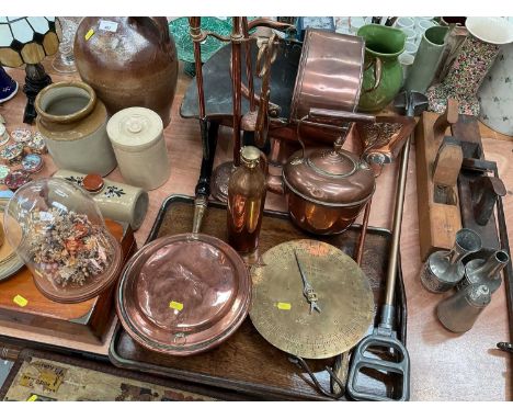 Copper coal scuttle, oak tray, copper kettle, salter milk balance scale, shooting stick and sundries.