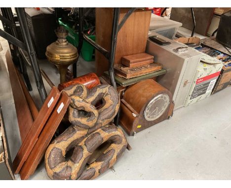 1930's mantle clock clock, snake ornament, oil lamp and sundries.