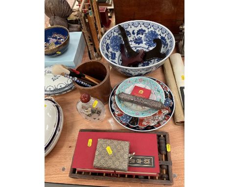 Group of Chinese and Japanese items to include large snuff bottle, blue and white punch bowl and an Eastern white metal scrol