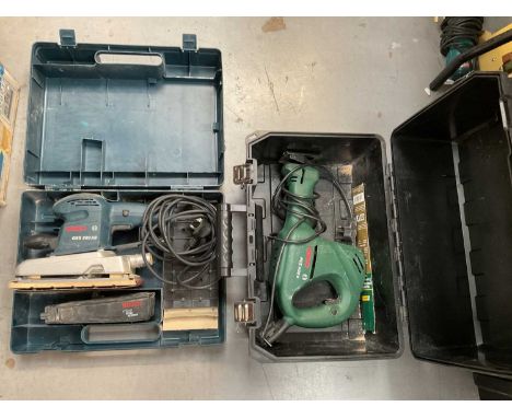 Bosch GS280AE electric sander, together with a Bosch PEZ600E saw, both cased.