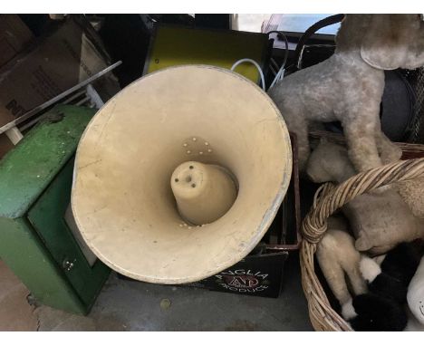 Miscellaneous items including vintage bears, wicker baskets, speaker, various other items