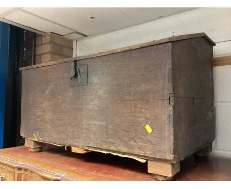 Old oak trunk with sloping hinged lid together with two other trunks (3)