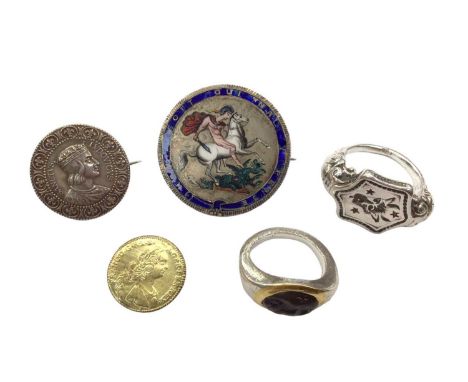 Georgian crown with enamel decoration and brooch fitting, one other coin brooch, a reproduction coin, reproduction Roman ring