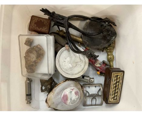 Group of miscellaneous items to include a Georgian silver shoe buckle, antique spurs, cameo carved shell, antique horn and bo
