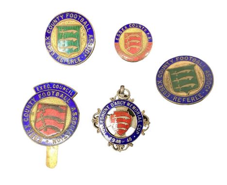 Group of five 1940s and 1950s enamel football badges, including one for the 1948/49 Tolleshunt D'Arcy Memorial Cup, two Essex