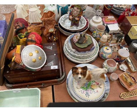 Group of Poole pottery items together with other ceramics, an oak tray and Rosewood workbox.