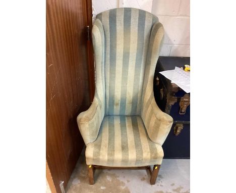 High back armchair with striped upholstery, together with a painted stick back chair (2)