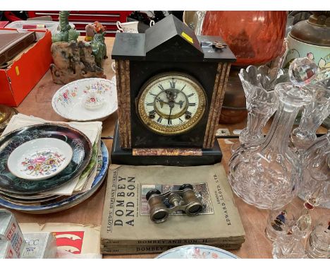 Black slate mantle clock and sundries