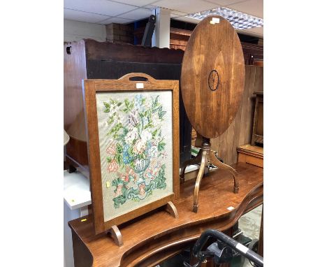 Georgian style mahogany tripod wine table and a tapestry fire screen (2)