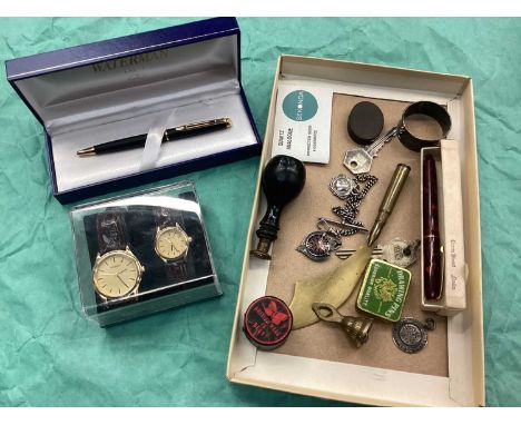 Silver watch fobs, silver napkin ring, Waterman pen, Sekonda watches and sundry items.