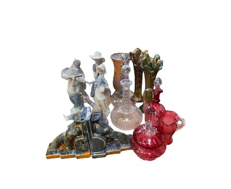 Group of five NAO figures, Victorian cranberry glass, pair of Art Deco ceramic bookends, pair of green carnival glass vases, 