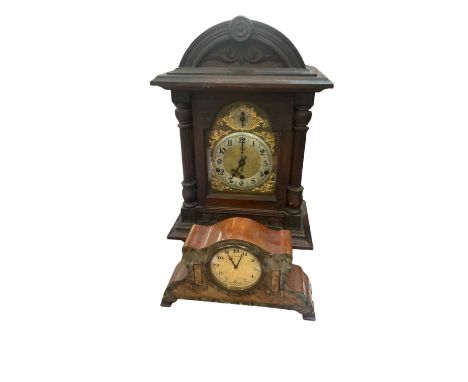 Late 19th century German mantel clock with 8 day chiming movement by Kienzle in carved wooden case together with an Art Deco 