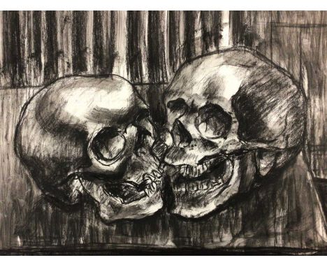 *Colin Moss (1914-2005) mixed media, two skulls on a table grinning at each other, signed, 70cm x 51cm