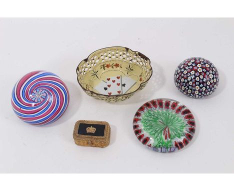 An 18th century enamel counter tray, of pierced basket form, 9cm long, together with a gilt metal box and three glass paperwe