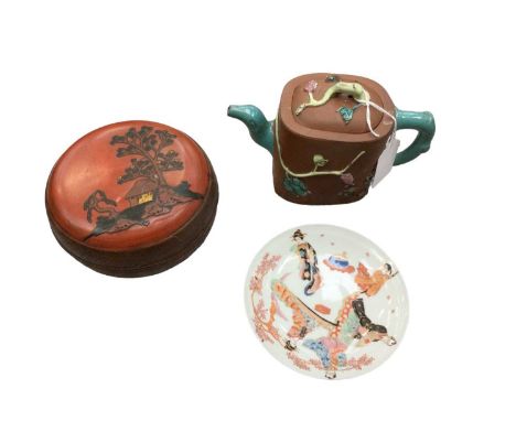 Chinese terracotta teapot, Japanese lacquer box and cover and a Japanese porcelain saucer (3)