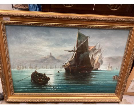 Z R Volkov, oil on canvas - coastal scene with shipping, signed, 49 x 75cm