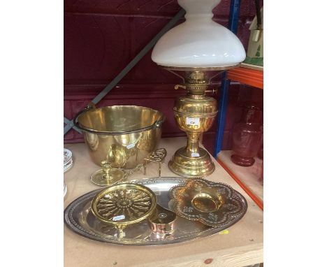 Antique brass oil lamp with chimney and shade, brass preserves an and other metalware
