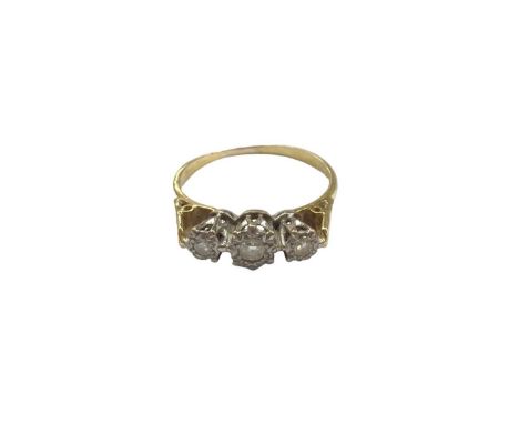 18ct gold diamond three stone ring in illusion setting, size Q½Weight 3.6 grams