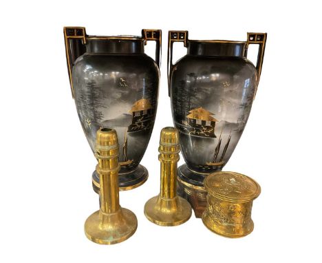 Pair of Japanese vases, pair of brass lamp bases, brass string box