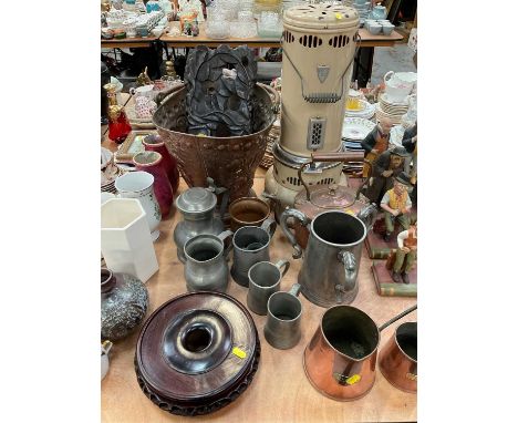 Art Nouveau Copper coal scuttle, copper cider measures, mugs etc