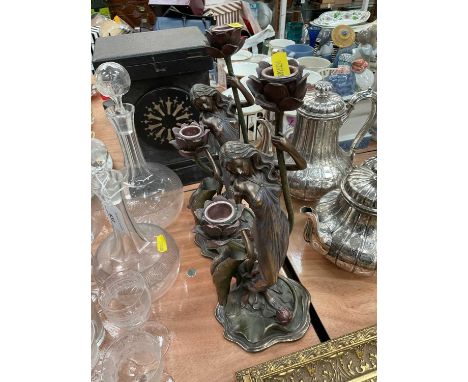 Pair of reproduction bronzed resin Art Nouveau style candlesticks together with an oil of sheep before a windmill.