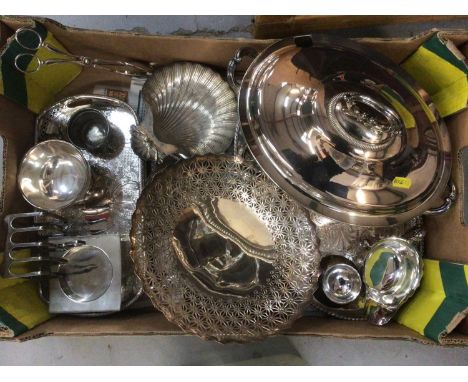 Group of silver plate, including a tureen, candlesticks, etc, together with a mining lamp and a miniature one