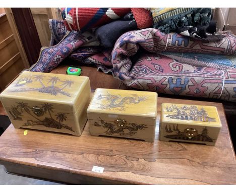 Standard lamp with oriental decoration and pale green shade, together with a matching set of three graduated boxes
