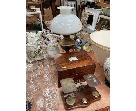 19th century rosewood work box, brass oil lamp and brass postal scales (3)