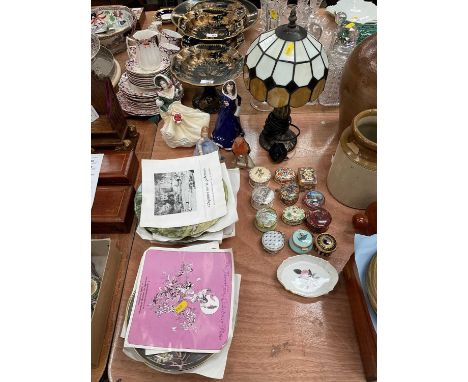 Tiffany style lamp, Royal Doulton figures, trinket boxes and collectors plates.