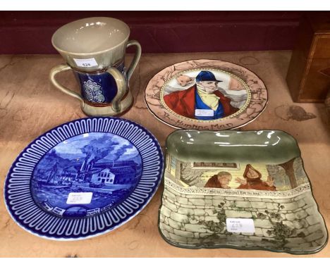 Art Nouveau Royal Doulton tyg together with dish with 2 monks, The Hunting Man, blue dish depicting industry, blue Copeland c