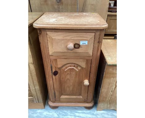 Pine bedside chest with single drawer and panelled door below, together with a small pine chest of three drawers, metal coal 