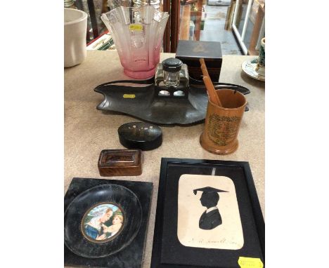 Art Nouveau pewter inkstand, cranberry faded glass shade, snuff boxes, Mauchline ware 'The Little Fortune Teller' vase, portr