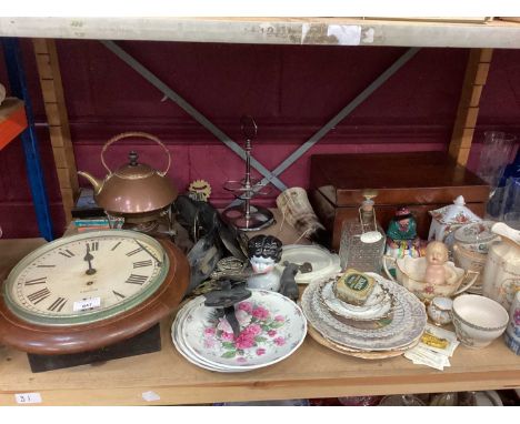 Arts and Crafts copper spirit kettle on stand, wall clock, marble mantel clock and decorative china and sundries (3 shelves)