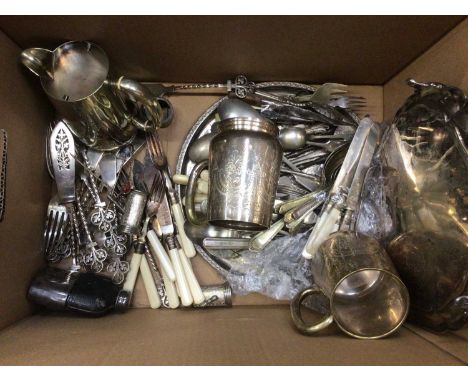 Group of silver plated and other metalware and cutlery, a 1940's / 50's mantle clock, tins and sundry items