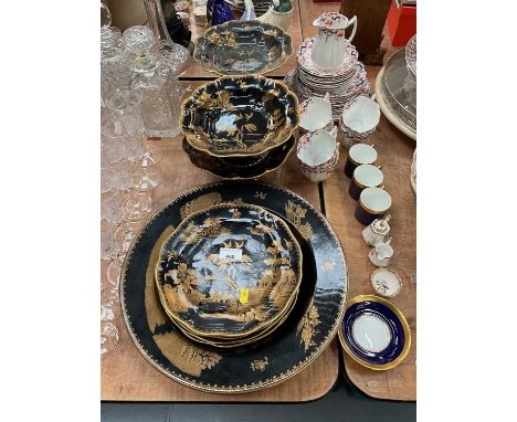 Ceramics including Booths black ground willow pattern service, Crown Derby tea wares and similar tea wares