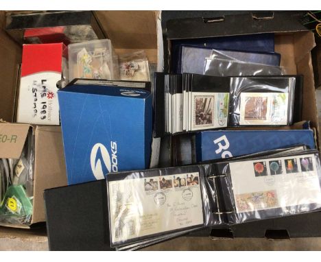 Two boxes of stamps, first day covers, etc