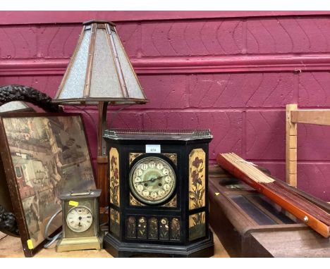 Arts and Crafts mantel clock, other clocks, lamp and sundries