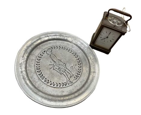 Brass carriage clock with hour repeat, and pewter charger celebrating the American war of Independence Clock is not working b
