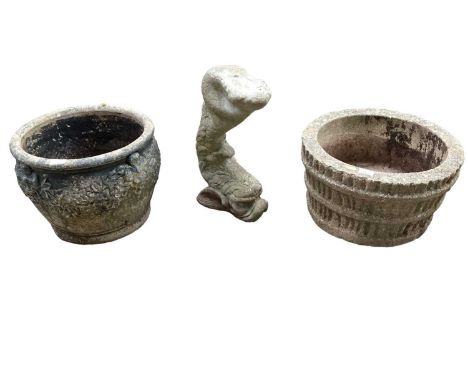 Concrete garden planter, 48cm diameter, 26cm high, together with another planter, 40cm diameter, 32cm high and a dolphin supp